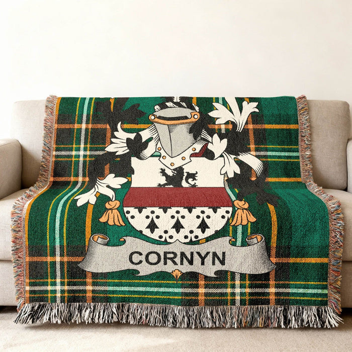 Cornyn crest woven into an Irish National Tartan cotton throw.