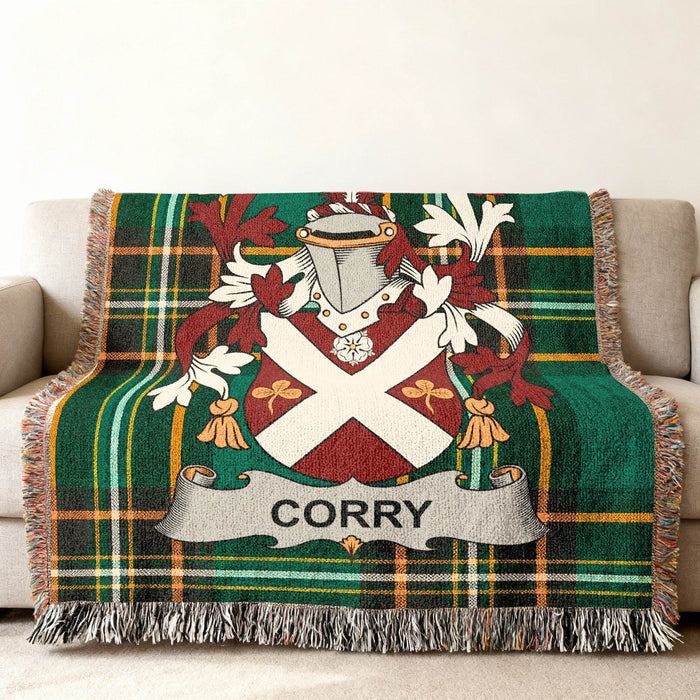 Corry crest woven through an Irish National Tartan cotton throw.