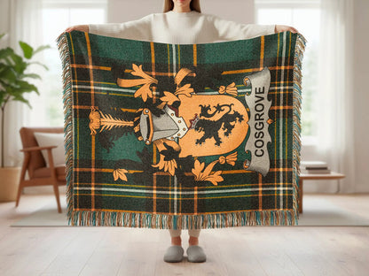 Feature list for the Cosgrove cotton woven blanket with fringe.