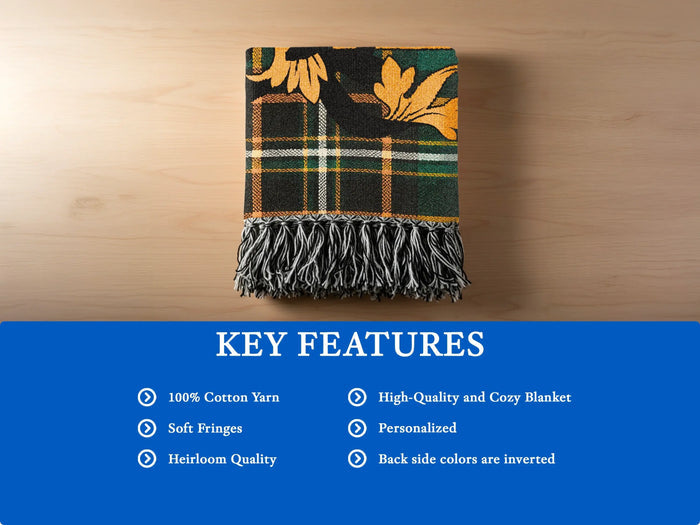 Cosgrove woven blanket unfolded to show the full tartan pattern.