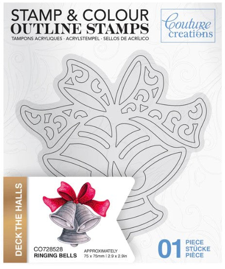 Couture Creations - Outline Stamp - Ringing Bells. Approximately 75 x 75mm | 2.9 x 2.9in This beautiful bell themed Christmas mini stamp and colour outline stamp set is ideal for use in colouring with pencils, paints, inks. Available at Embellish Away located in Bowmanville Ontario Canada.