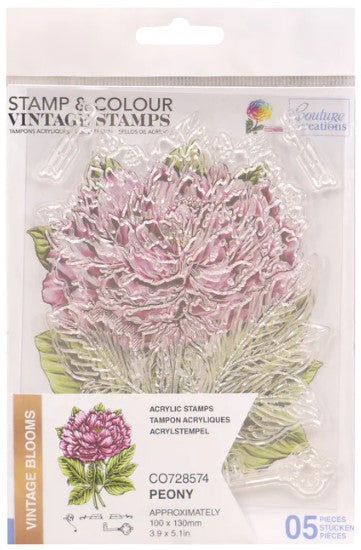 Couture Creations - Stamp and Colour - Peony. This beautiful five piece Peony Stamp and Colour Set which is part of the “Vintage Blooms” collection will make a great addition and will be perfect for cards and projects. Approx. 100 x 130mm | 3.9 x 5.1in. Available at Embellish Away located in Bowmanville Ontario Canada.