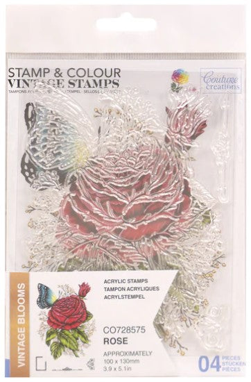 Couture Creations - Stamp and Colour - Rose. This beautiful four piece Rose Stamp and Colour Set which is part of the “Vintage Blooms” collection will make a great addition and will be perfect for cards and projects. Approx. 100 x 130mm | 3.9 x 5.1in. Available at Embellish Away located in Bowmanville Ontario Canada.