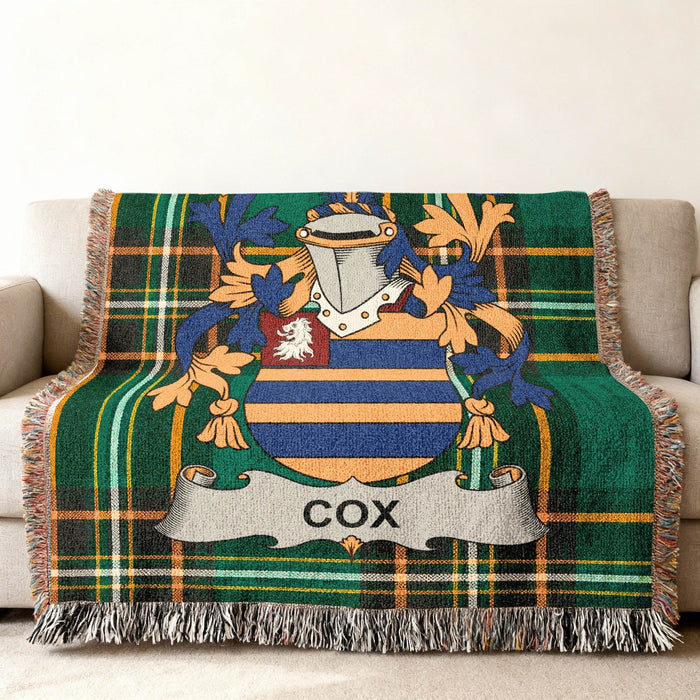 Cox crest woven into an Irish National Tartan cotton throw.