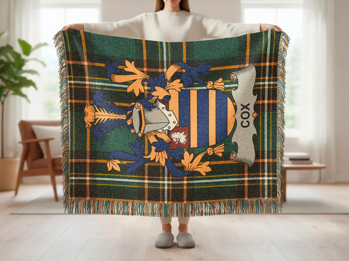 Feature panel for the Cox cotton woven blanket with fringed edges.