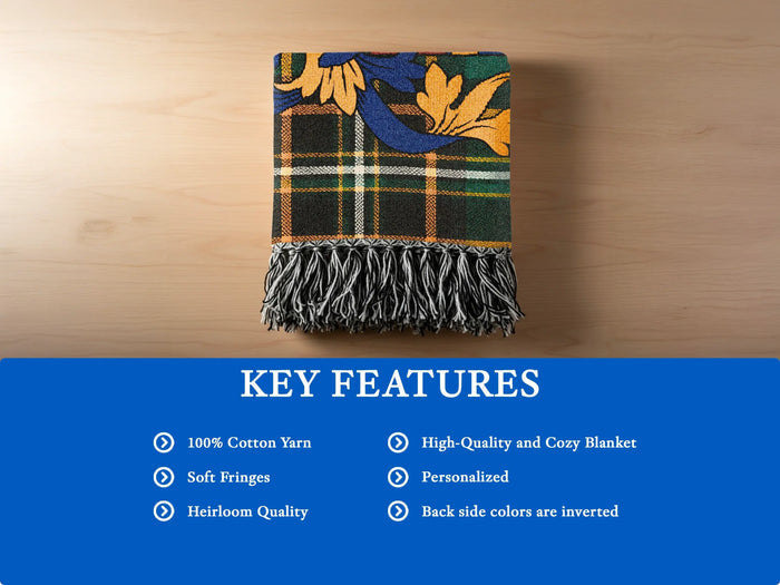 Cox woven blanket opened to show the full tartan design.