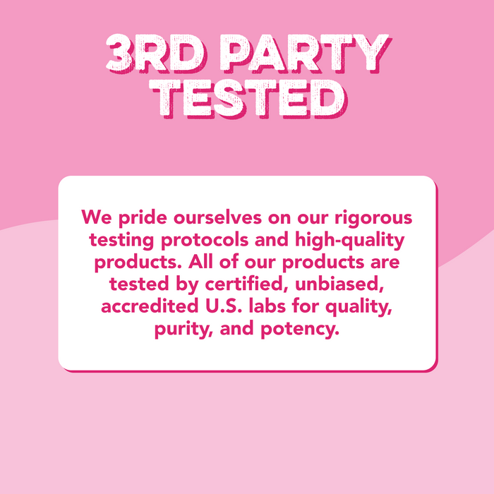 3rd Party Tested certification graphic for Clean Simple Eats Pink Burst Creatine + Glutamine. Text confirms rigorous testing by certified, unbiased, accredited U.S. labs for quality, purity, and potency.