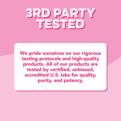 3rd Party Tested certification graphic for Clean Simple Eats Pink Burst Creatine + Glutamine. Text confirms rigorous testing by certified, unbiased, accredited U.S. labs for quality, purity, and potency.