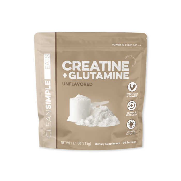 Clean Simple Eats Unflavored Creatine Monohydrate plus Glutamine powder. Tan 11.1 oz resealable bag featuring an illustration of a white powder scoop and 30 servings.