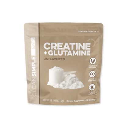 Clean Simple Eats Unflavored Creatine Monohydrate plus Glutamine powder. Tan 11.1 oz resealable bag featuring an illustration of a white powder scoop and 30 servings.