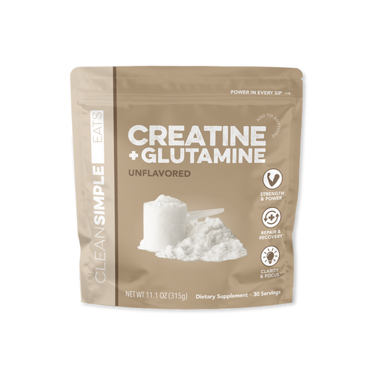 Clean Simple Eats Unflavored Creatine Monohydrate plus Glutamine powder. Tan 11.1 oz resealable bag featuring an illustration of a white powder scoop and 30 servings.