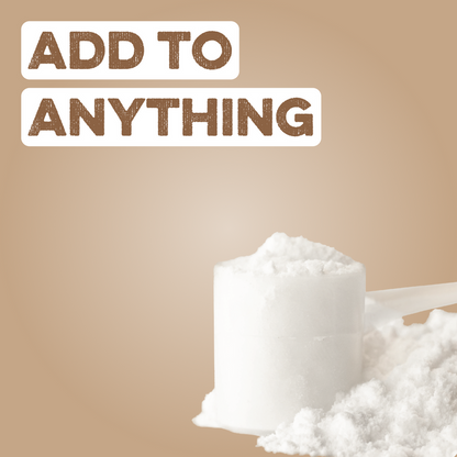 Flavor profile graphic for Clean Simple Eats Unflavored Creatine + Glutamine. Large text reads 'ADD TO ANYTHING' on a tan background with an illustration of a white powder scoop and a pile of unflavored supplement powder.