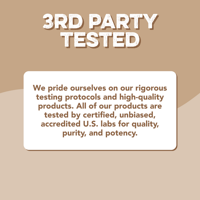 3rd Party Tested certification graphic for Clean Simple Eats Unflavored Creatine + Glutamine. Tan background with text confirming testing by certified, unbiased, accredited U.S. labs for quality, purity, and potency.