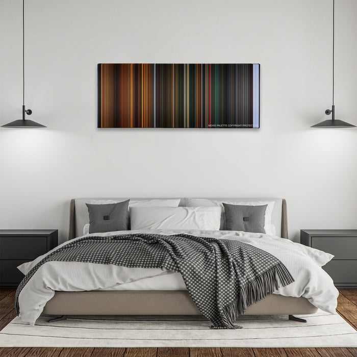 Crimson Peak color palette canvas above a bed, between two black pendant lamps