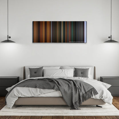 Crimson Peak color palette canvas above a bed, between two black pendant lamps