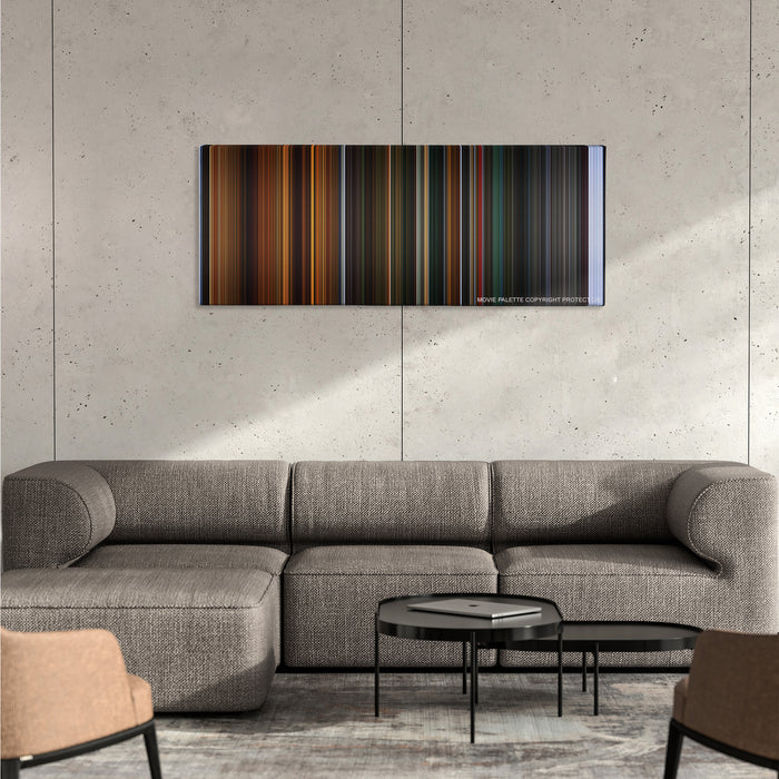 Crimson Peak color palette canvas on a concrete wall above a gray sectional sofa