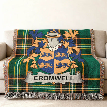 Detail of the Cromwell crest woven into Irish National Tartan.