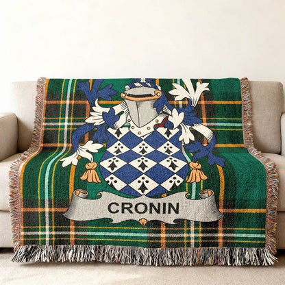 Cronin crest woven into an Irish National Tartan cotton throw.
