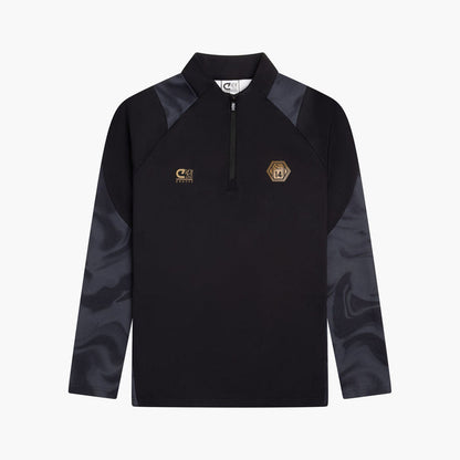 Black long-sleeve shirt with a logo on a white background