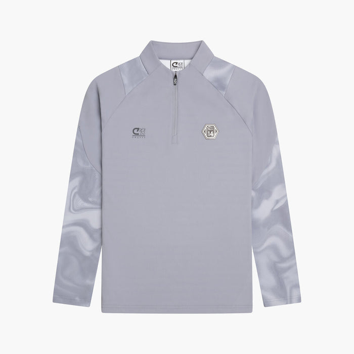 Light gray long-sleeve athletic shirt with brand logos on a white background