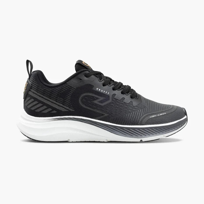 Black Cruyff sneaker with white stripes on a white background
