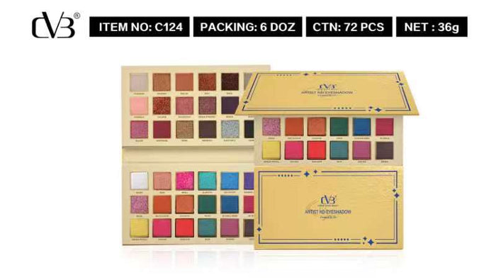 Makeup palette with color swatches and gold packaging on a white background