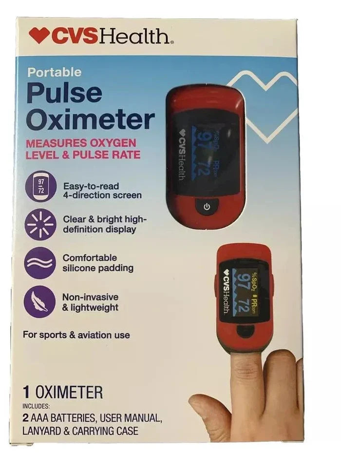 Portable CVS Health pulse oximeter box showing device measuring oxygen level and pulse rate