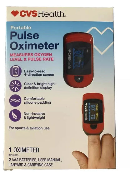 Portable CVS Health pulse oximeter box showing device measuring oxygen level and pulse rate