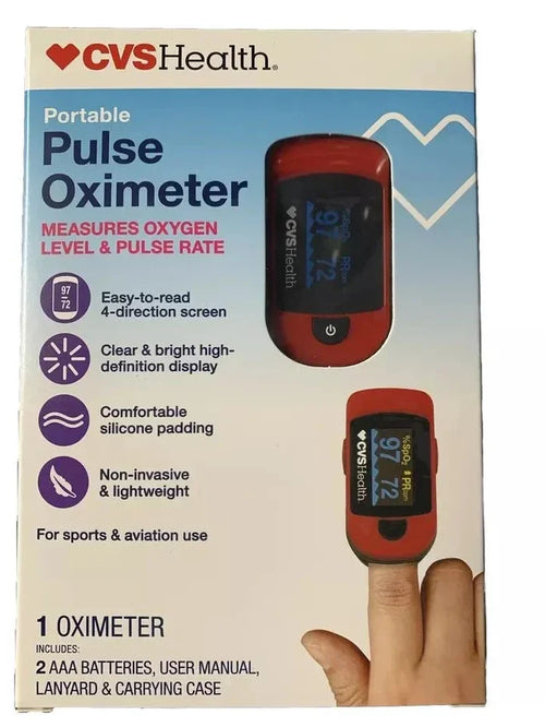 Portable CVS Health pulse oximeter box showing device measuring oxygen level and pulse rate