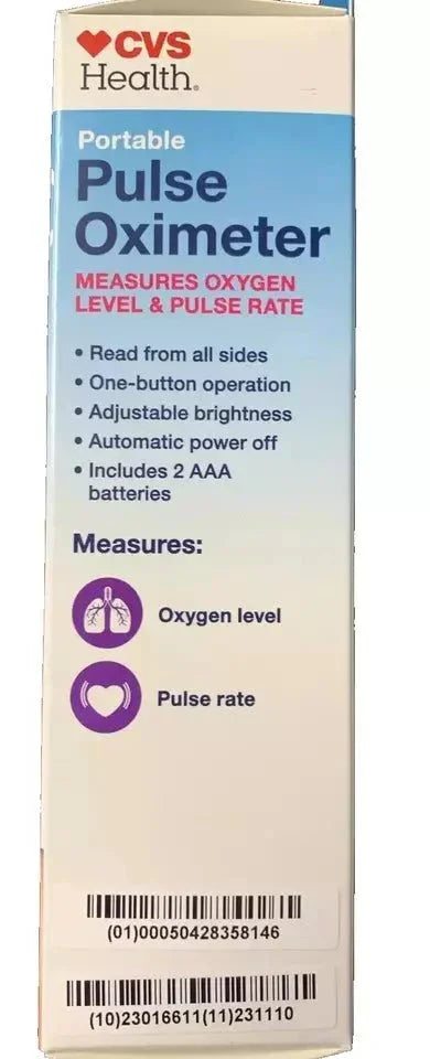 Portable pulse oximeter box showing measures oxygen level and pulse rate, includes features list.