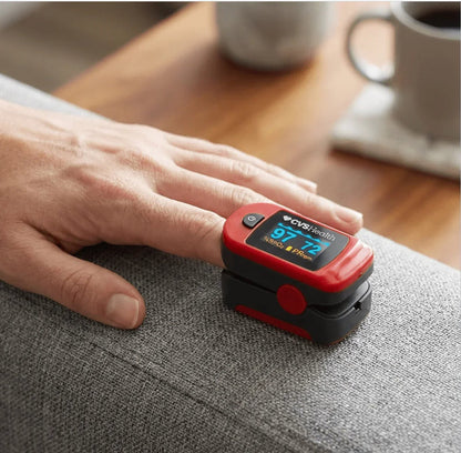 Portable pulse oximeter measuring oxygen level and heart rate on finger