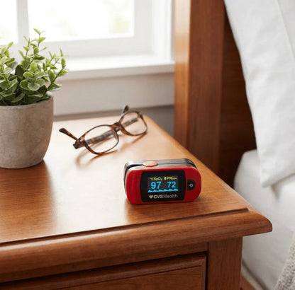Portable pulse oximeter displaying oxygen and heart rate on a bedside table with glasses.