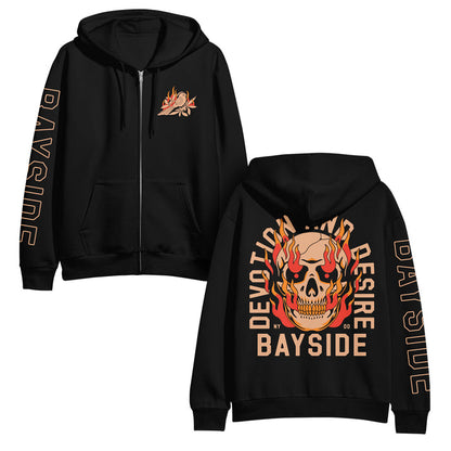 Black hoodie with 'Bayside' branding on the front and back, featuring a skull design.