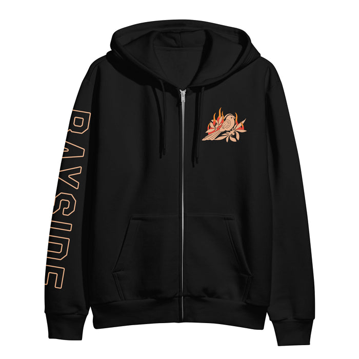 Bayside Independent Midweight black zip-up hoodie featuring "BAYSIDE" in large tan letters down the left sleeve and an orange/beige bird with leaves graphic on the left chest.