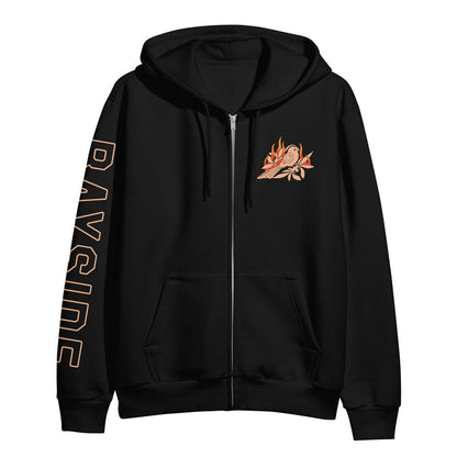 Bayside Independent Midweight black zip-up hoodie featuring "BAYSIDE" in large tan letters down the left sleeve and an orange/beige bird with leaves graphic on the left chest.