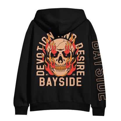 Bayside midweight black zip-up hoodie with a large flaming skull graphic and DEVOTION AND DESIRE text on the back, plus BAYSIDE printed down one sleeve.