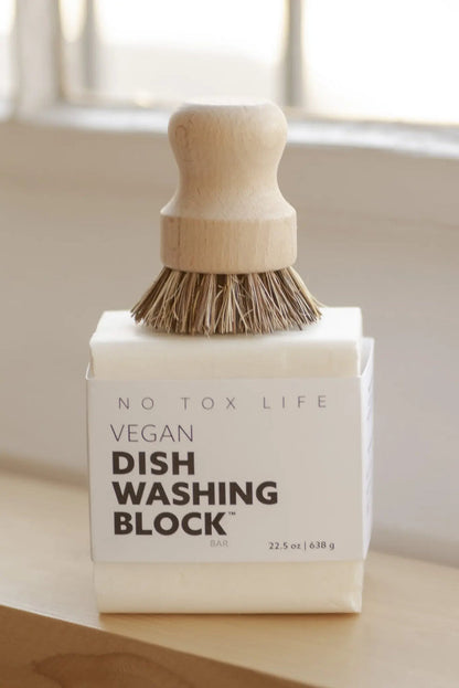 Large vegan dish washing block with wooden brush and bristles, printed label