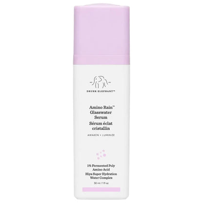 Drunk Elephant Amino Rain™ Glasswater Serum 30ml bottle, clear liquid skincare product with minimalist packaging.