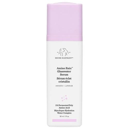 Drunk Elephant Amino Rain™ Glasswater Serum 30ml bottle, clear liquid skincare product with minimalist packaging.