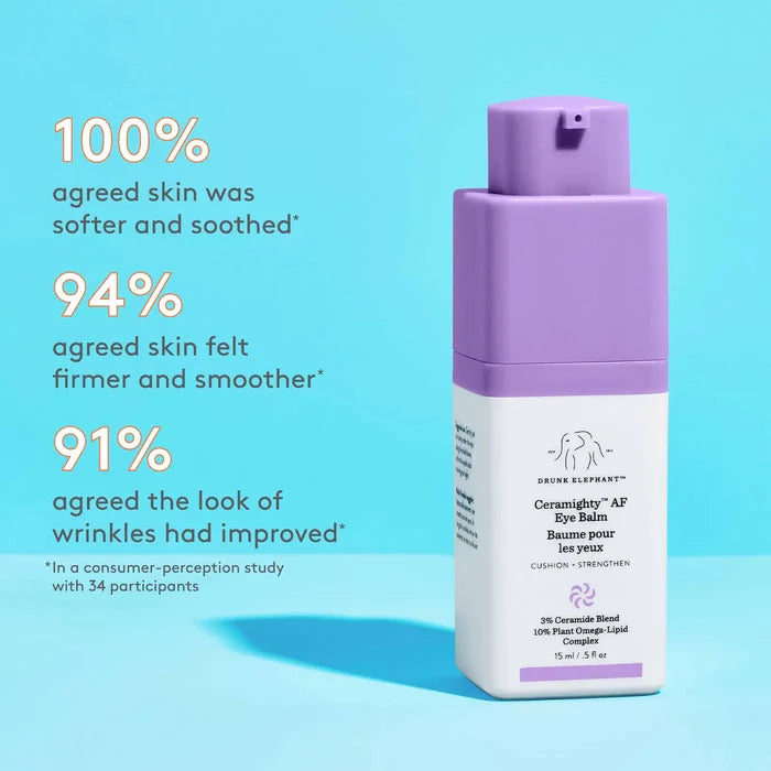 Drunk Elephant Ceramighty AF Eye Cream with ceramides in a 15ml jar, designed to hydrate and soothe the delicate eye area.