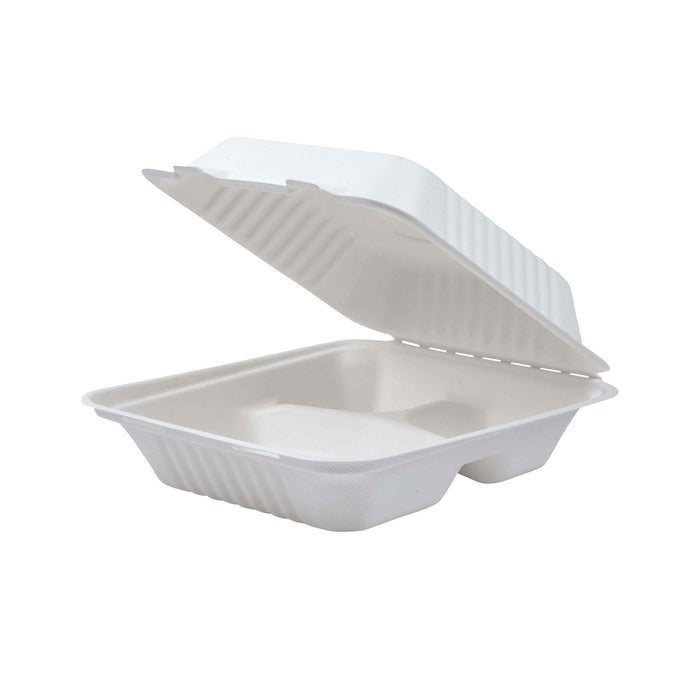 EcoProducts Vanguard™ Compostable Light Duty Molded Fiber Clamshells (8in x 8in x 3in | 3-Compartment) | 200/cs