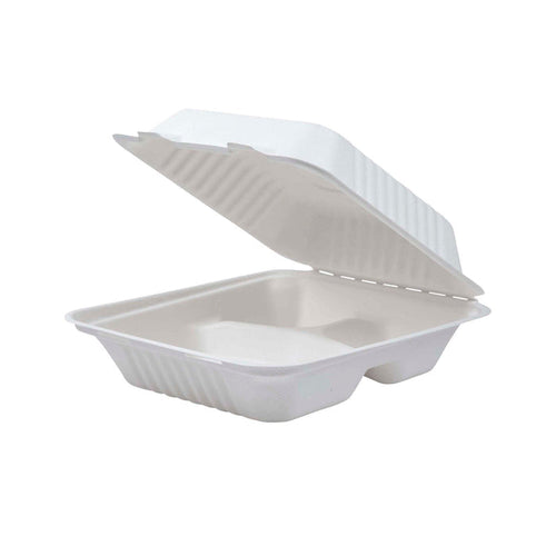 EcoProducts Vanguard™ Compostable Light Duty Molded Fiber Clamshells (8in x 8in x 3in | 3-Compartment) | 200/cs