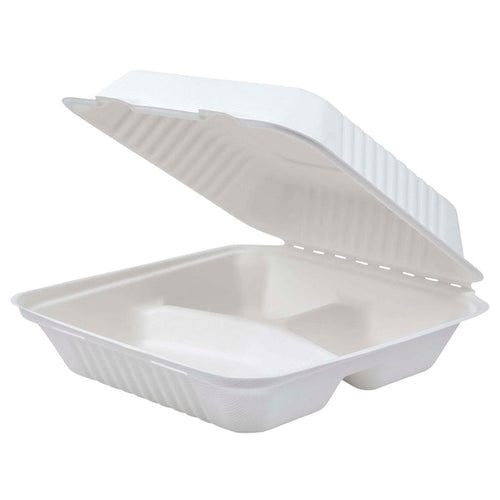 EcoProducts Vanguard™ Compostable Light Duty Molded Fiber Clamshells (9in x 9in x 3in | 3-Compartment) | 200/cs
