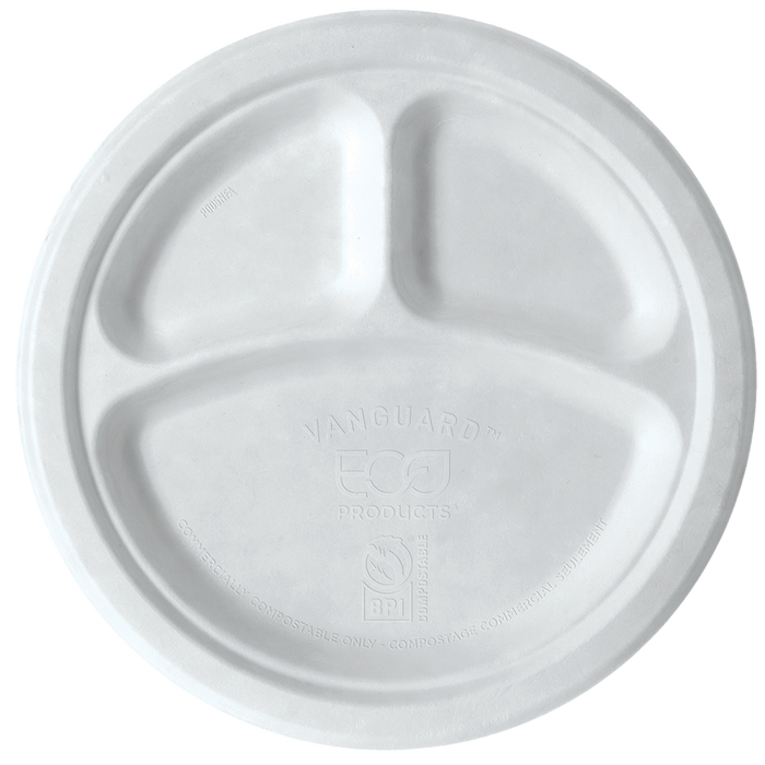 EcoProducts Vanguard™ Compostable Molded Fiber Plates (10in | 3-Compartment) | 500/cs