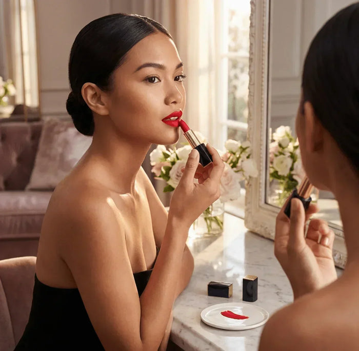 Woman applying bold red lipstick in elegant room, luxury beauty makeup product