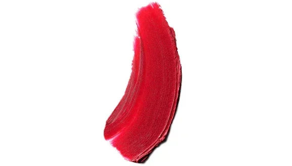 swatch of vibrant sheer matte pink-red lipstick on white background
