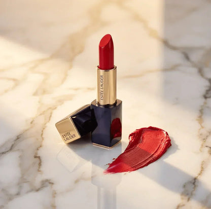 Red lipstick with gold and black case, lipstick smear on marble background