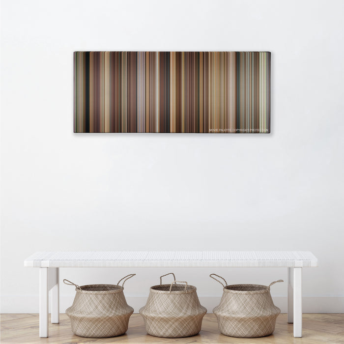 Evan Almighty color palette canvas above a white bench with three woven baskets