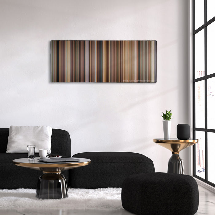 Evan Almighty color palette canvas above a black sofa with a gold-topped table