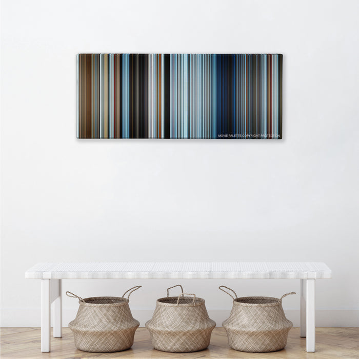 Everest color palette canvas above a white bench with three woven baskets